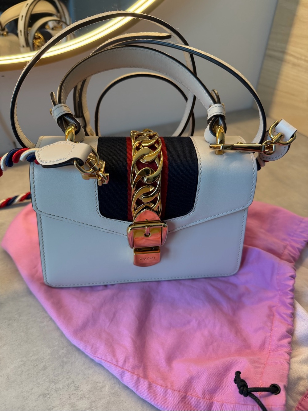 Gucci White Leather Shoulder Bag with Navy Web, Red Trim & Gold Chain